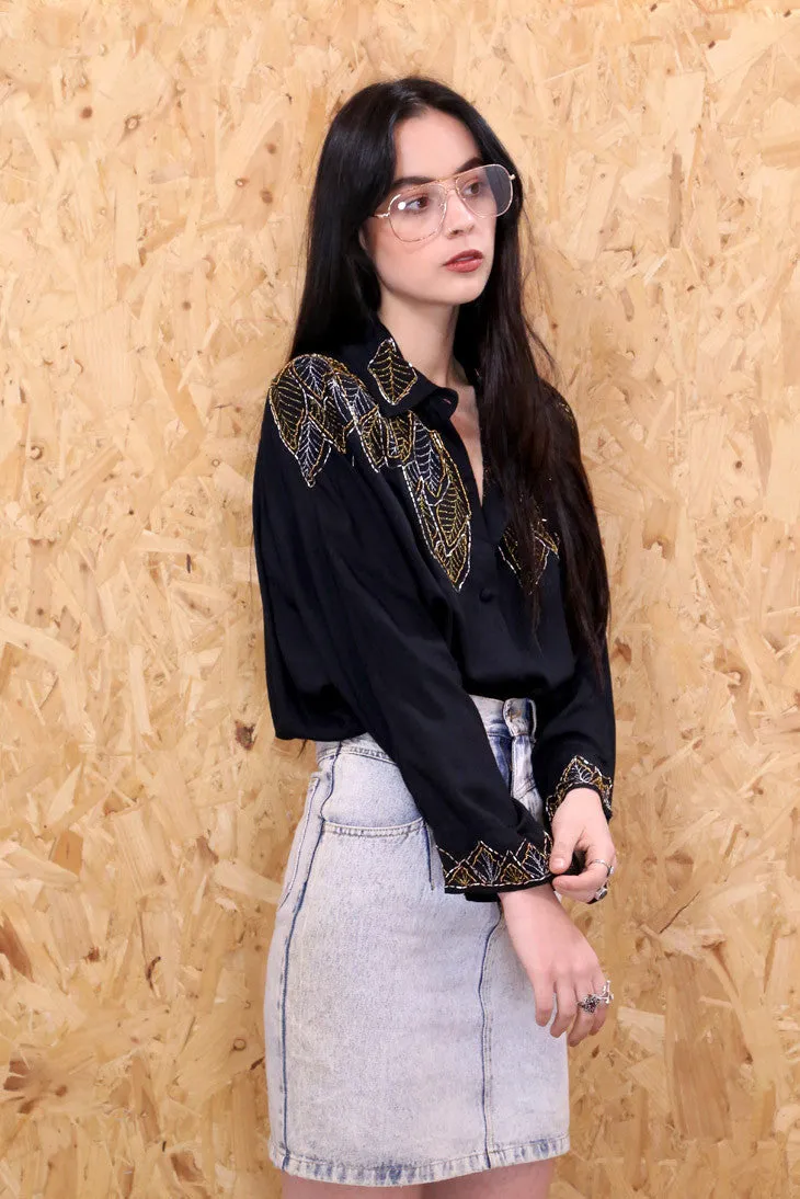 Leaf It Out Beaded Black Shirt