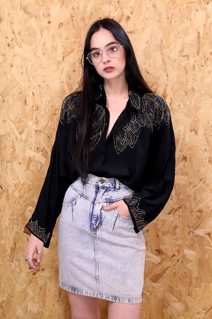 Leaf It Out Beaded Black Shirt