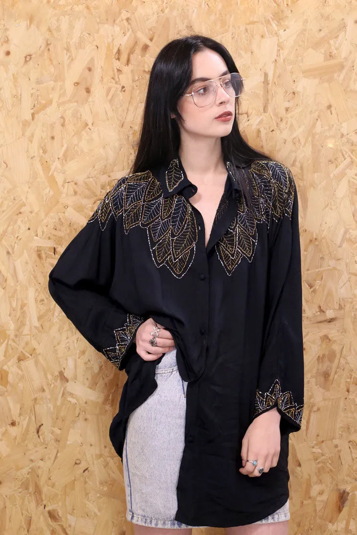 Leaf It Out Beaded Black Shirt