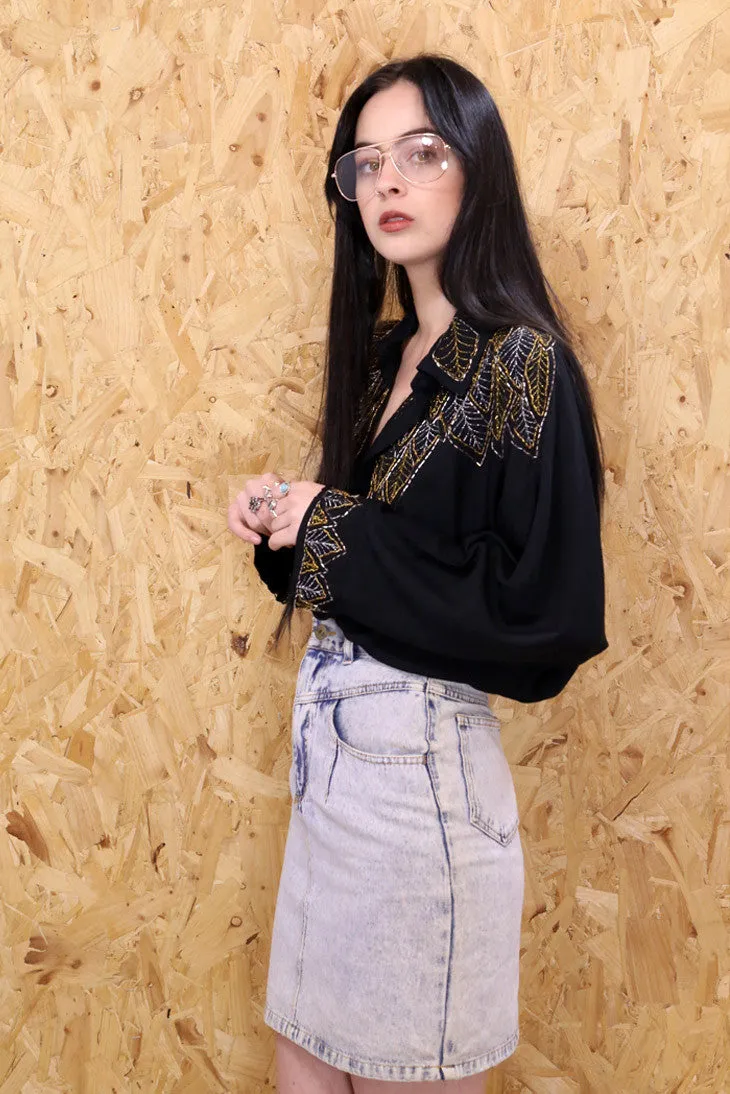 Leaf It Out Beaded Black Shirt