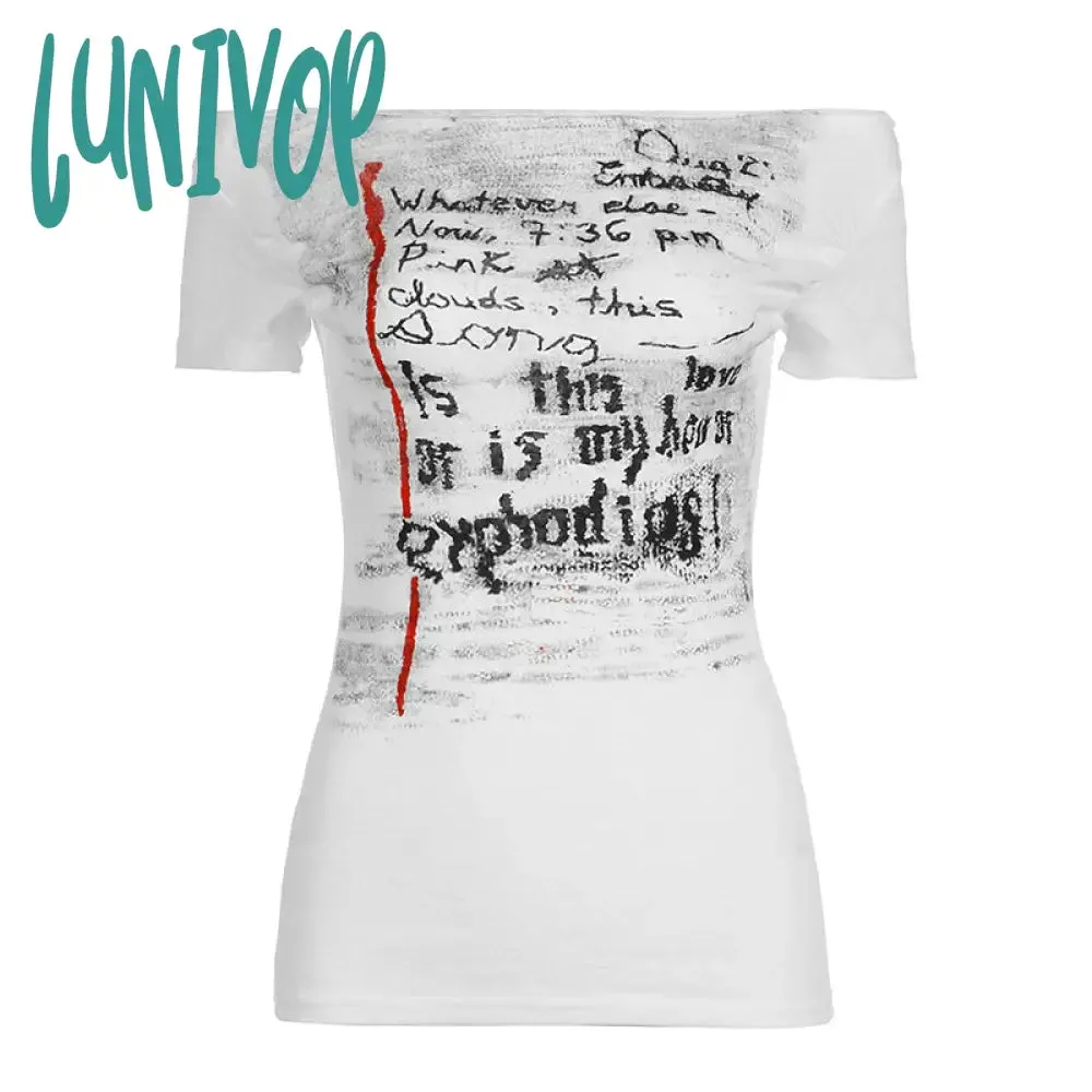 Lunivop 90s streetwear American Street Gothic Blooming Graffiti Printed off-Shoulder off-Shoulder Waist Knitted Top Retro Niche Bottoming Shirt