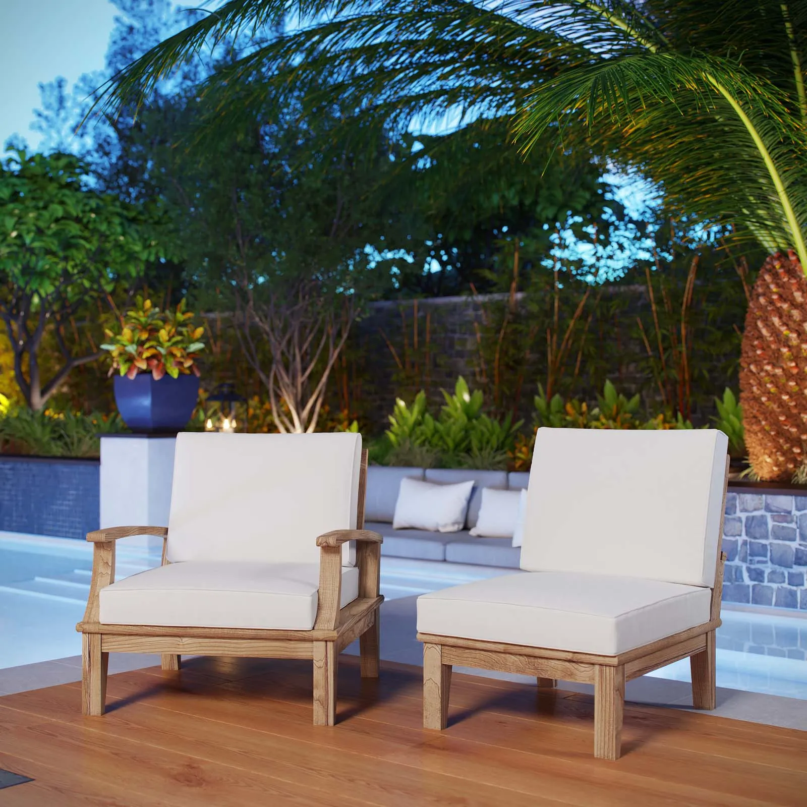 Marina 2 Piece Outdoor Patio Teak Set Natural White EEI-1823-NAT-WHI-SET