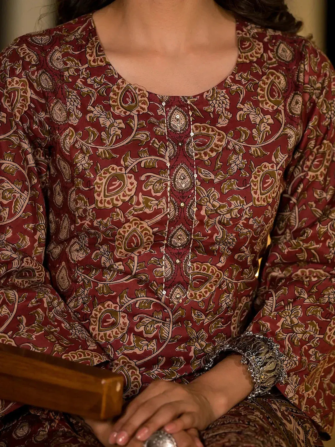 Maroon Ethnic Motifs Pure Cotton A-Line Kurta With Trousers And Dupatta Set