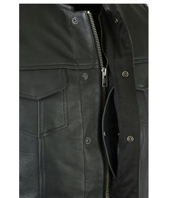 Men's No Collar Motorcycle Vest Solid Back With Gun Pockets Side Zippers