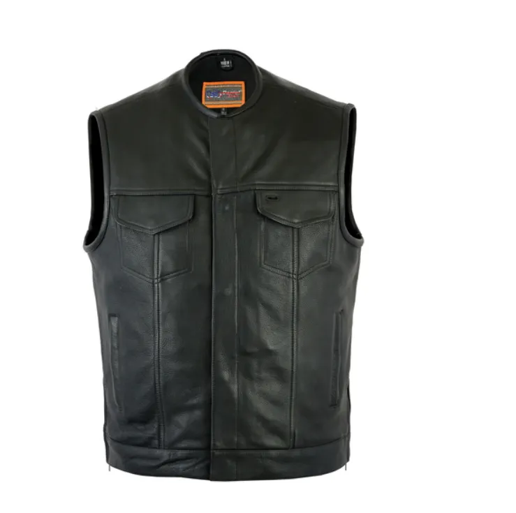 Men's No Collar Motorcycle Vest Solid Back With Gun Pockets Side Zippers