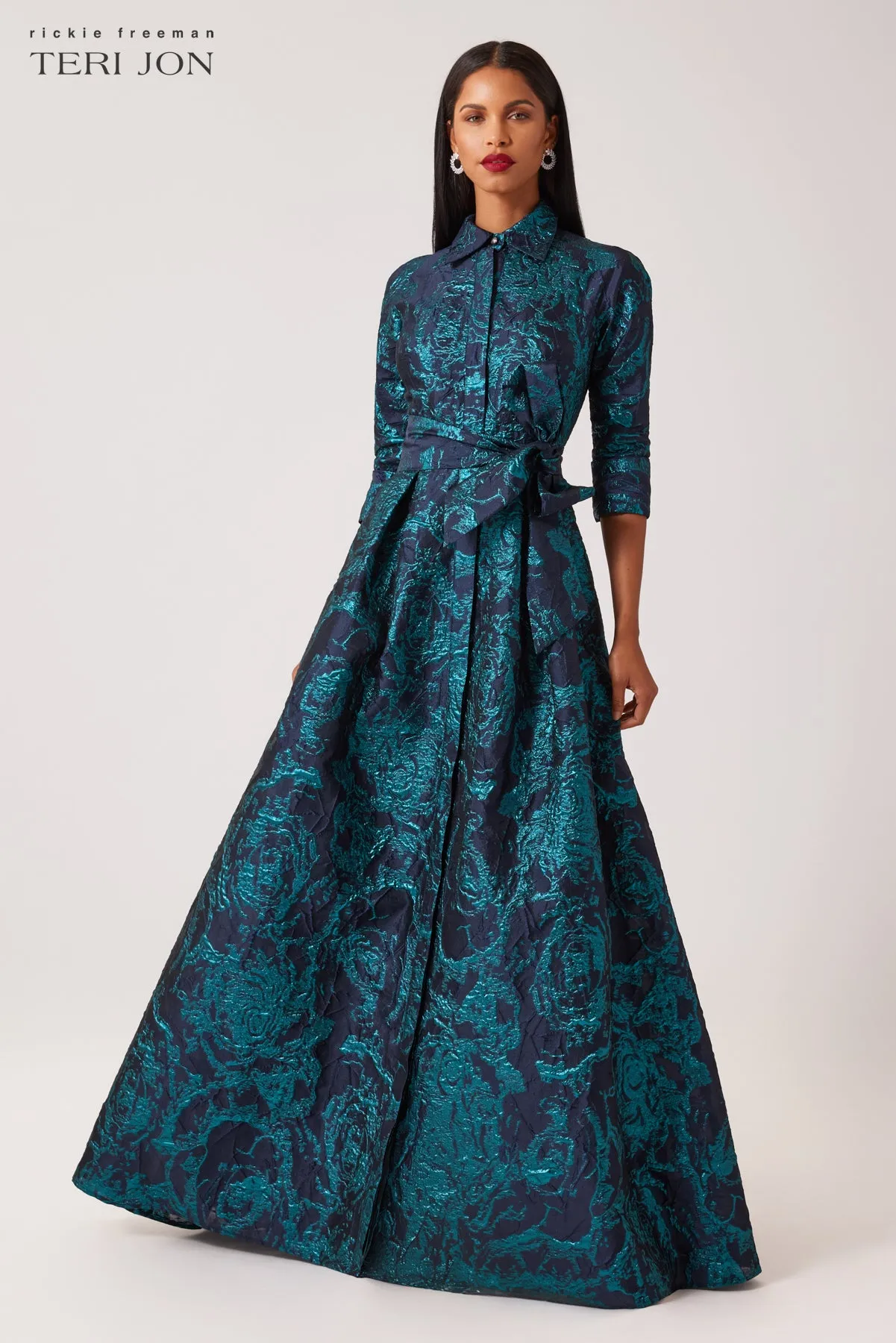 Metallic Jacquard Abstract Print Shirtdress