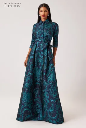 Metallic Jacquard Abstract Print Shirtdress
