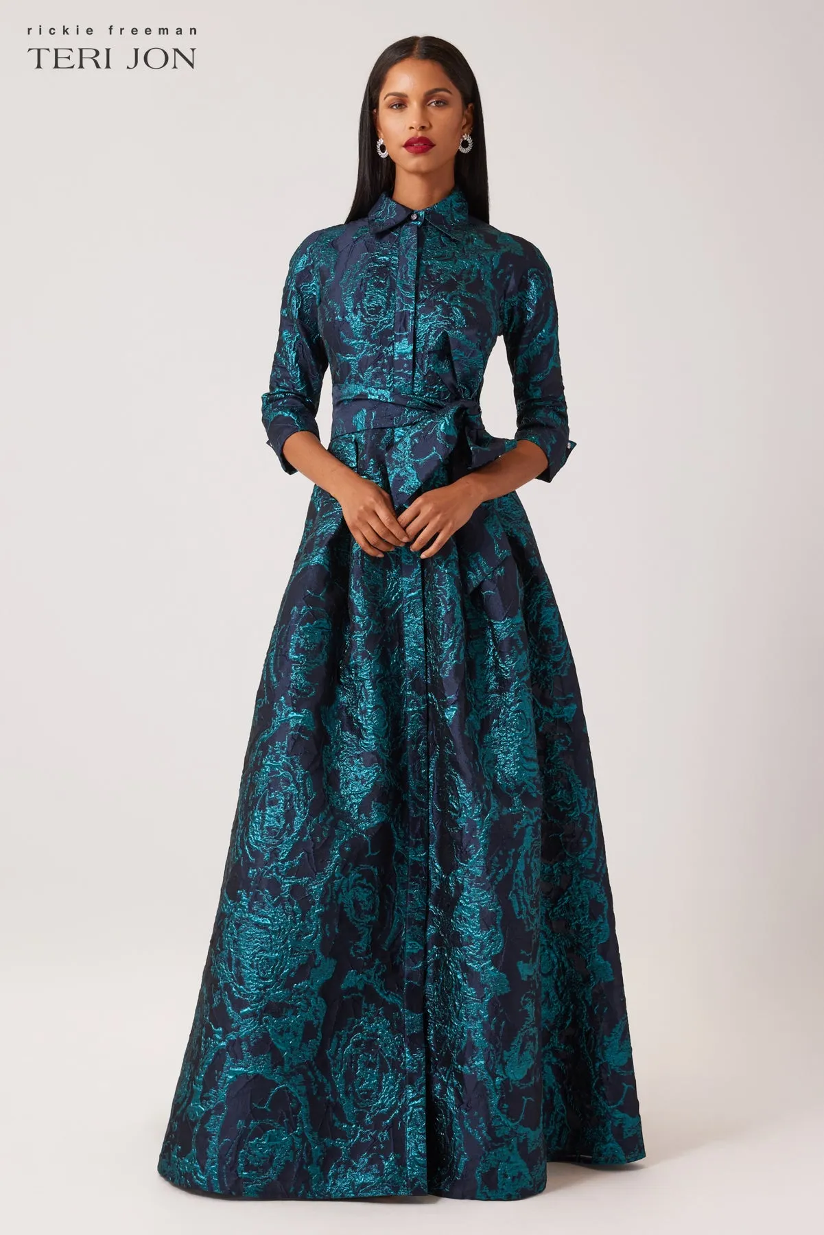 Metallic Jacquard Abstract Print Shirtdress