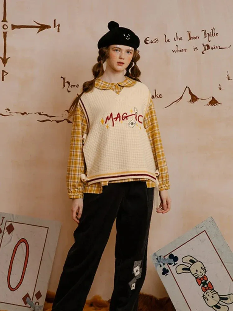 Metaversmall Women Sweaters Vest Spring Sleeveless V Neck Knitted Tops Letter Embroidery Lace Up Cute Elegant Knit