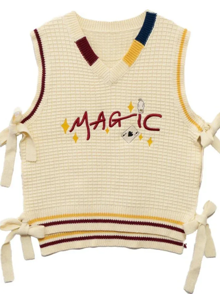 Metaversmall Women Sweaters Vest Spring Sleeveless V Neck Knitted Tops Letter Embroidery Lace Up Cute Elegant Knit