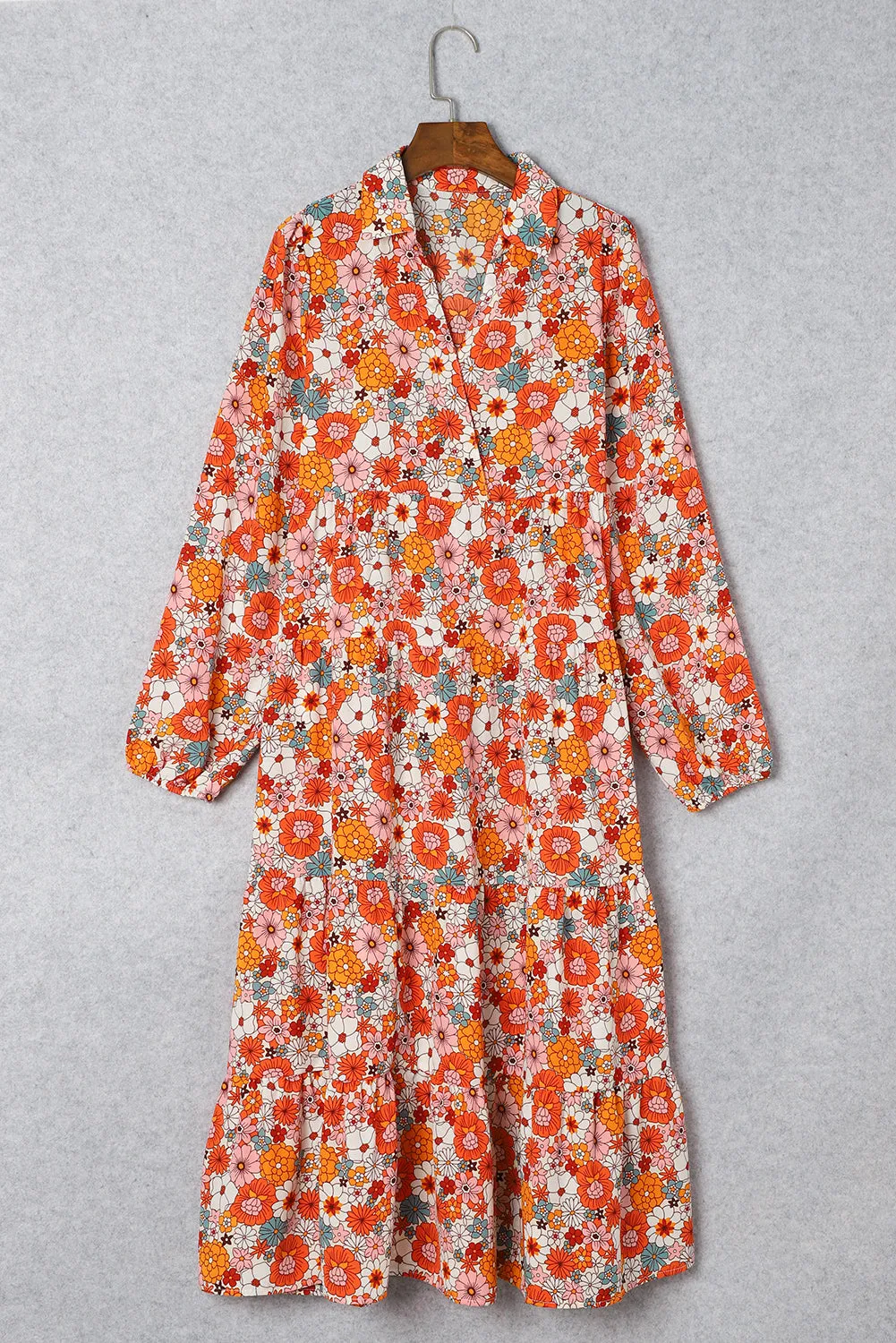 Multicolor Boho Floral Collared Long Sleeve Dress