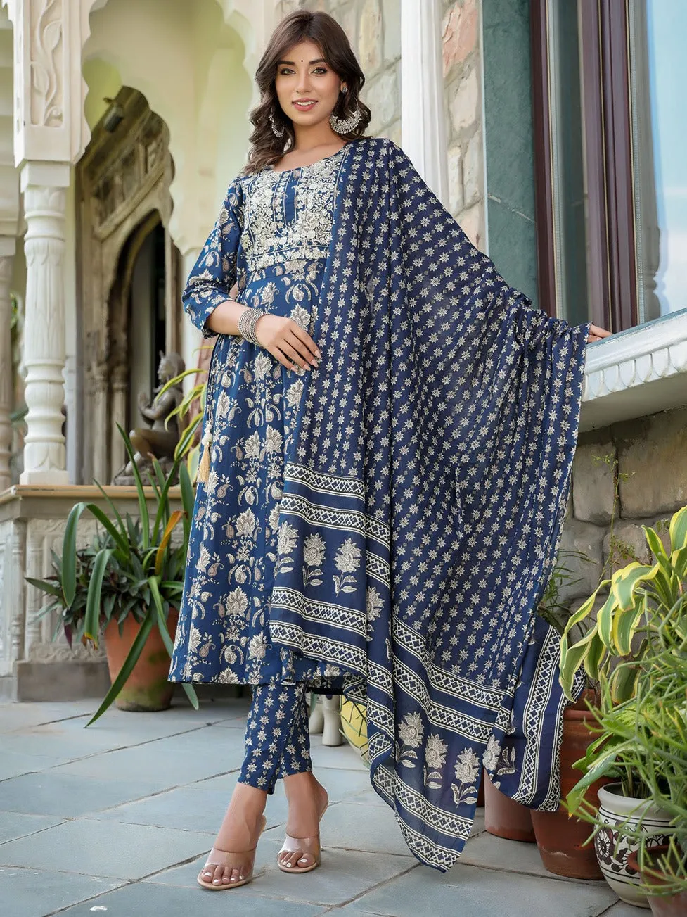 Navy Blue Floral Printed Regular Thread Work Pure Cotton Kurta With Trousers & With Dupatta