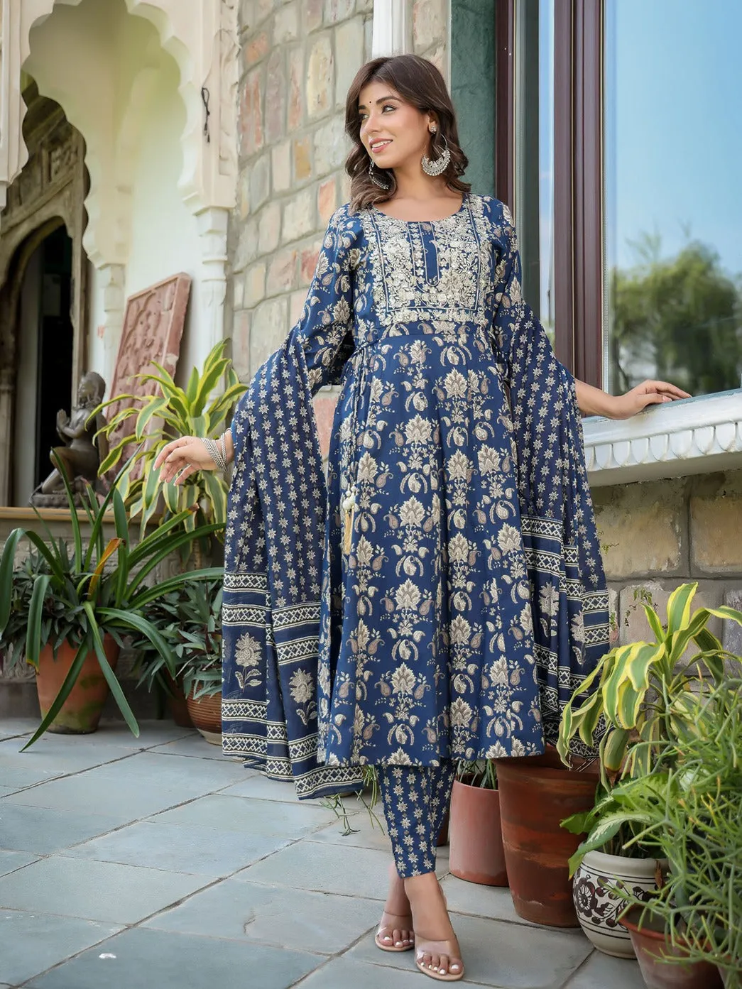 Navy Blue Floral Printed Regular Thread Work Pure Cotton Kurta With Trousers & With Dupatta