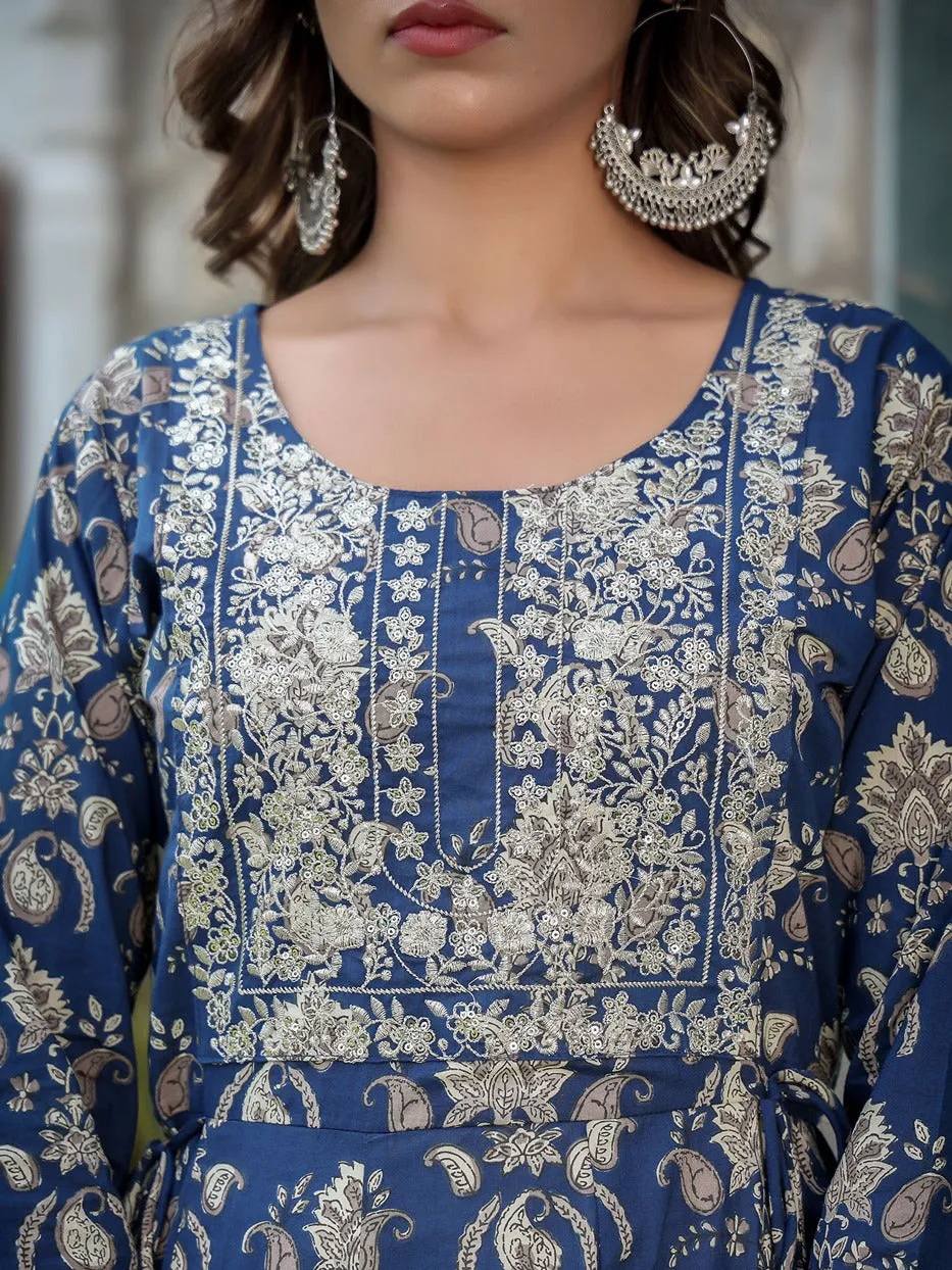 Navy Blue Floral Printed Regular Thread Work Pure Cotton Kurta With Trousers & With Dupatta