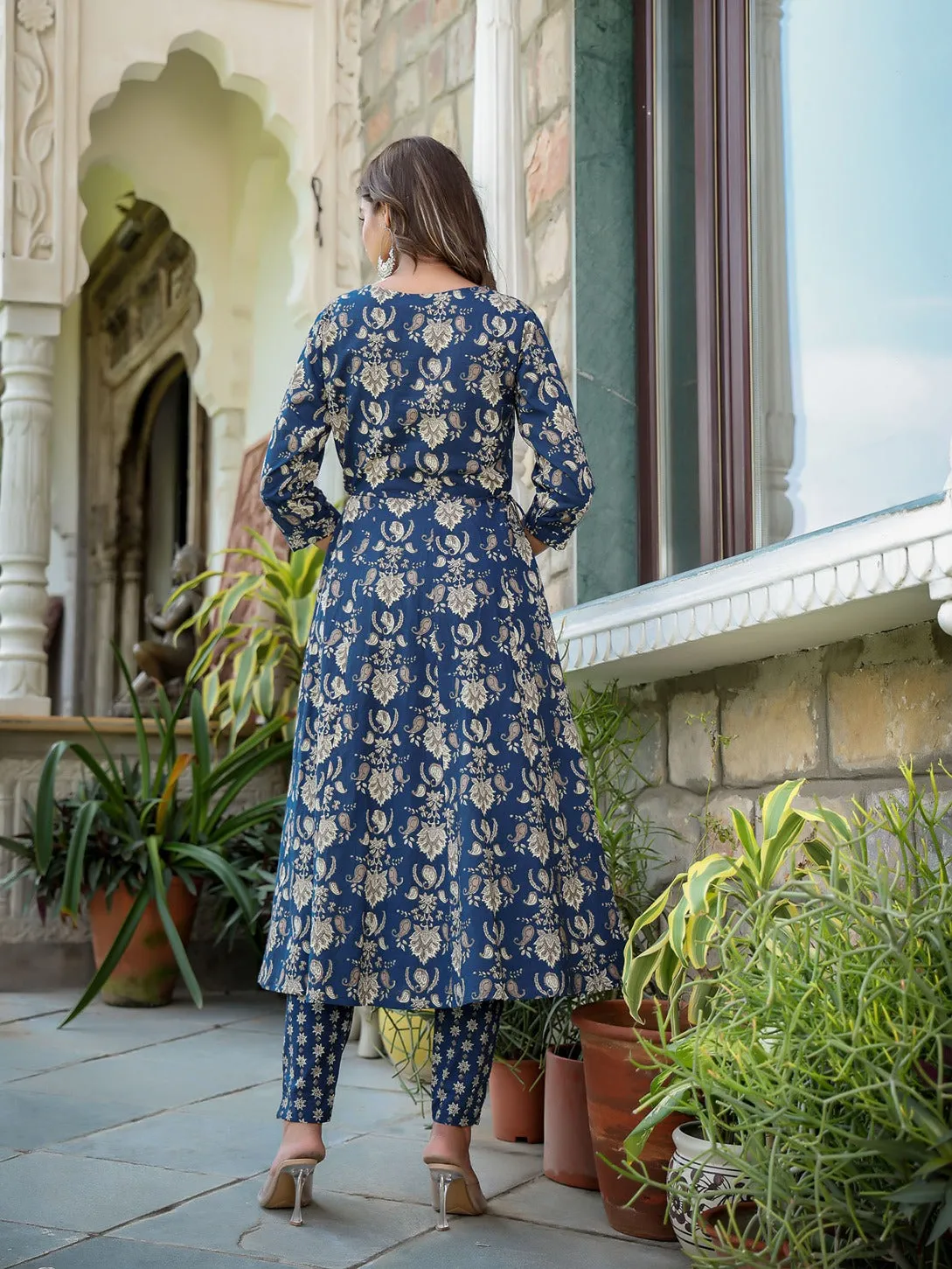 Navy Blue Floral Printed Regular Thread Work Pure Cotton Kurta With Trousers & With Dupatta