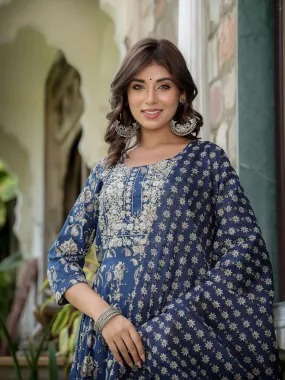 Navy Blue Floral Printed Regular Thread Work Pure Cotton Kurta With Trousers & With Dupatta