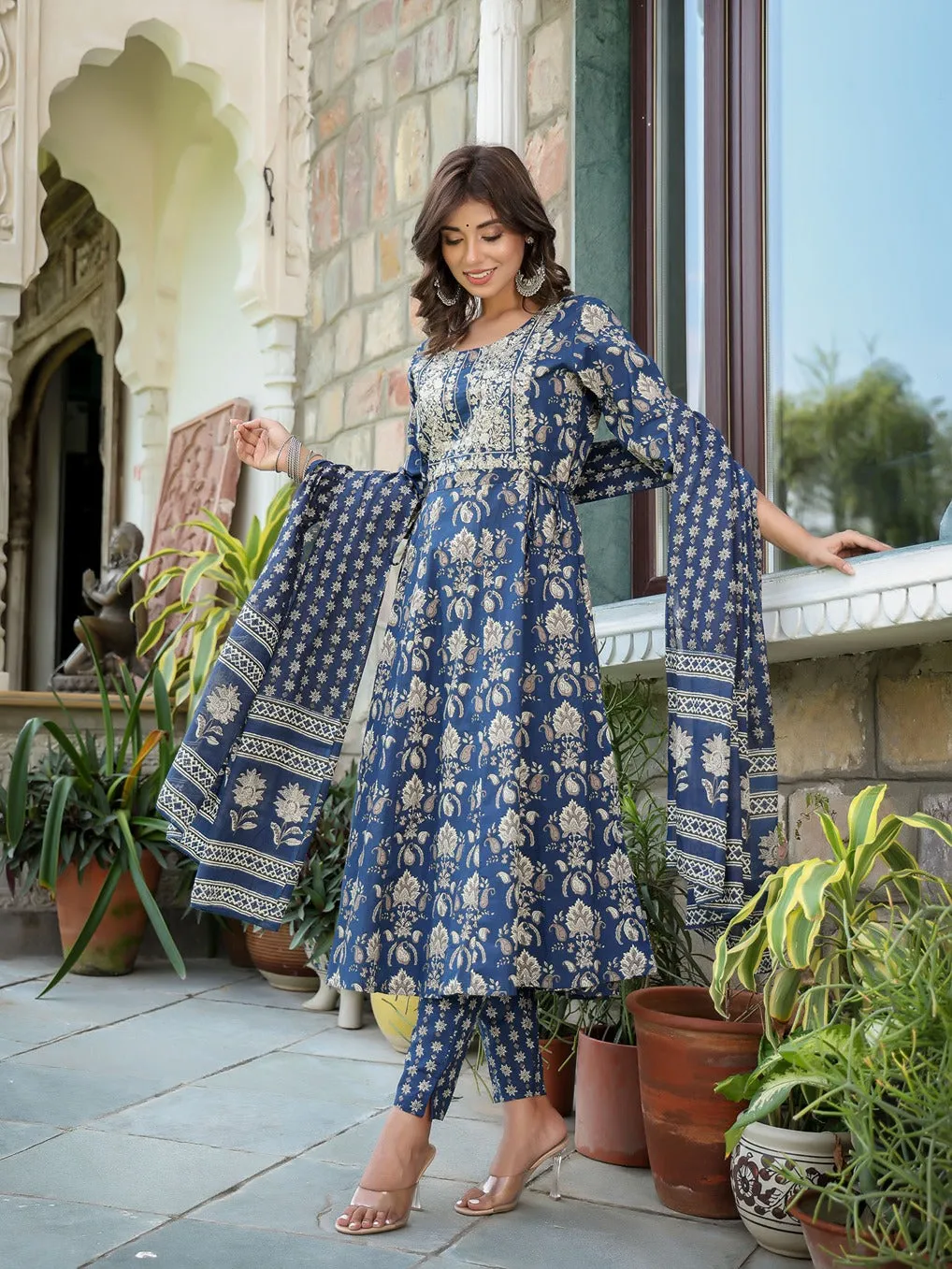 Navy Blue Floral Printed Regular Thread Work Pure Cotton Kurta With Trousers & With Dupatta