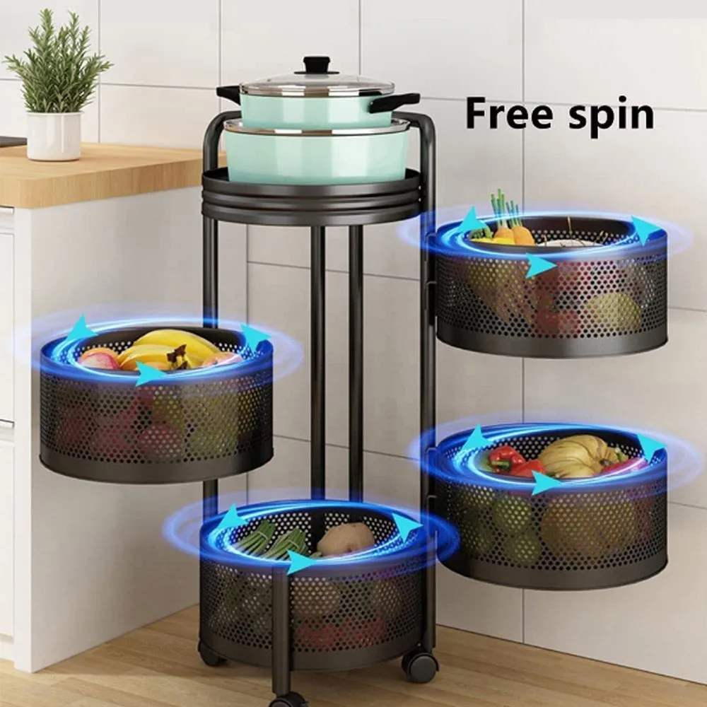 (Net) 4 Layer Round Basket Kitchen Rotating Storage Rack Storage Rack Fruit Vegetables Metal Storage Cages With Wheels Cart