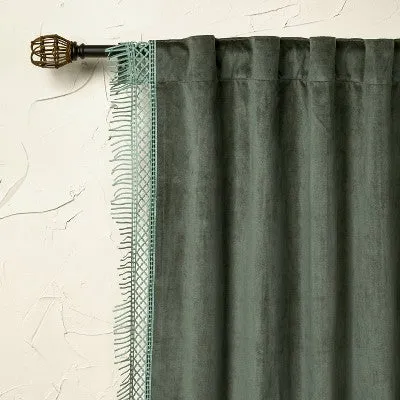 New - 1pc 54"x84" Light Filtering Velvet Macrame Trim Window Curtain Panel Teal - Opalhouse designed with Jungalow