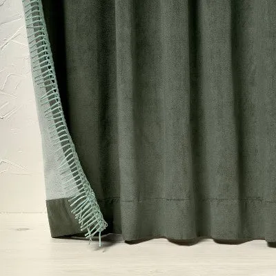 New - 1pc 54"x84" Light Filtering Velvet Macrame Trim Window Curtain Panel Teal - Opalhouse designed with Jungalow