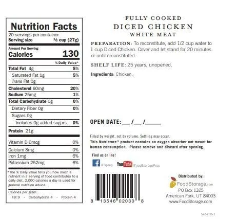 Nutristore Freeze-Dried Chicken #10 Can - 20 Servings