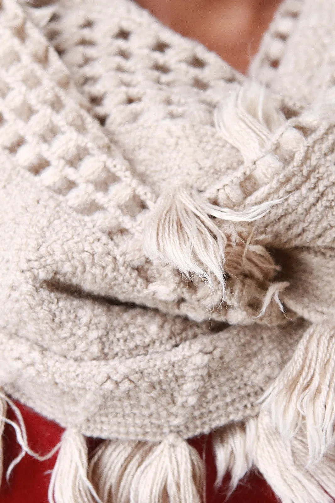 Open Knit Tassel Hem Infinity Scarf