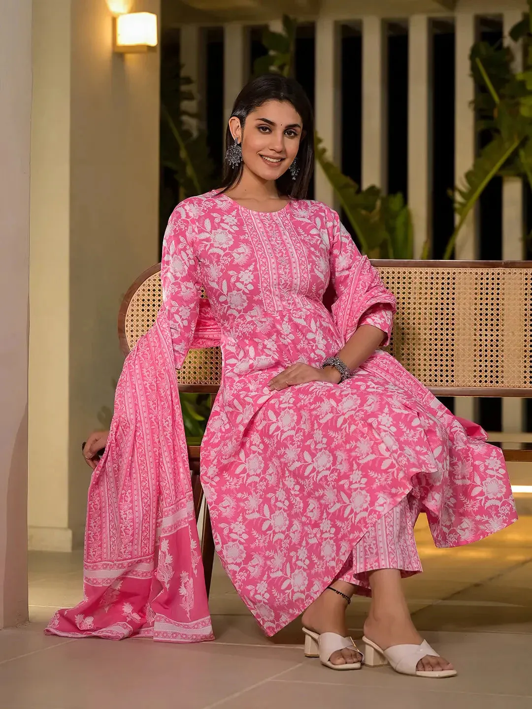 Pink Cotton Anarkali Style Sequins_Work Kurta With Trousers And Dupatta Set