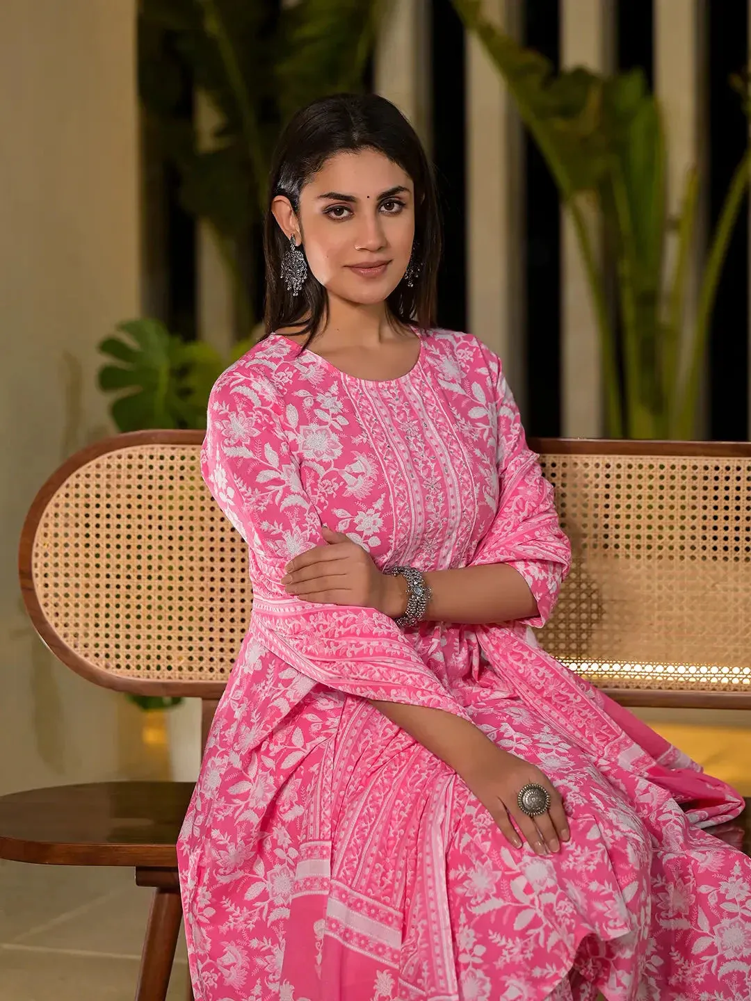 Pink Cotton Anarkali Style Sequins_Work Kurta With Trousers And Dupatta Set