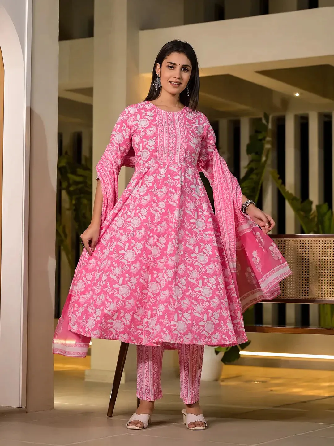 Pink Cotton Anarkali Style Sequins_Work Kurta With Trousers And Dupatta Set