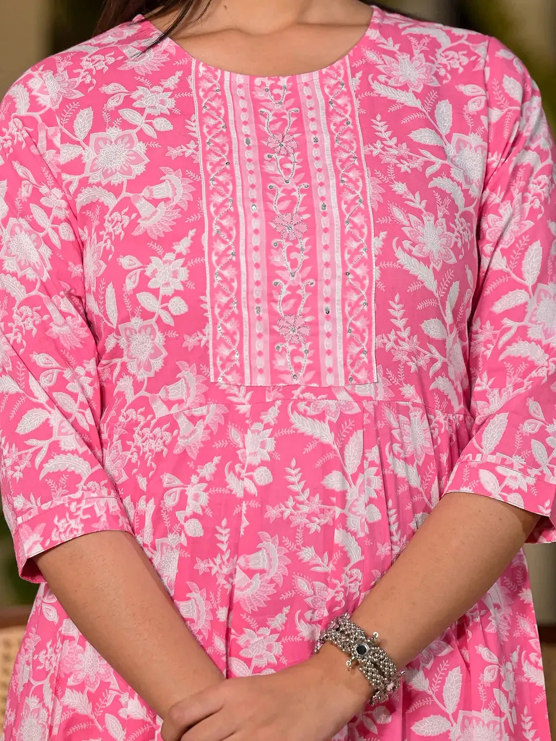 Pink Cotton Anarkali Style Sequins_Work Kurta With Trousers And Dupatta Set