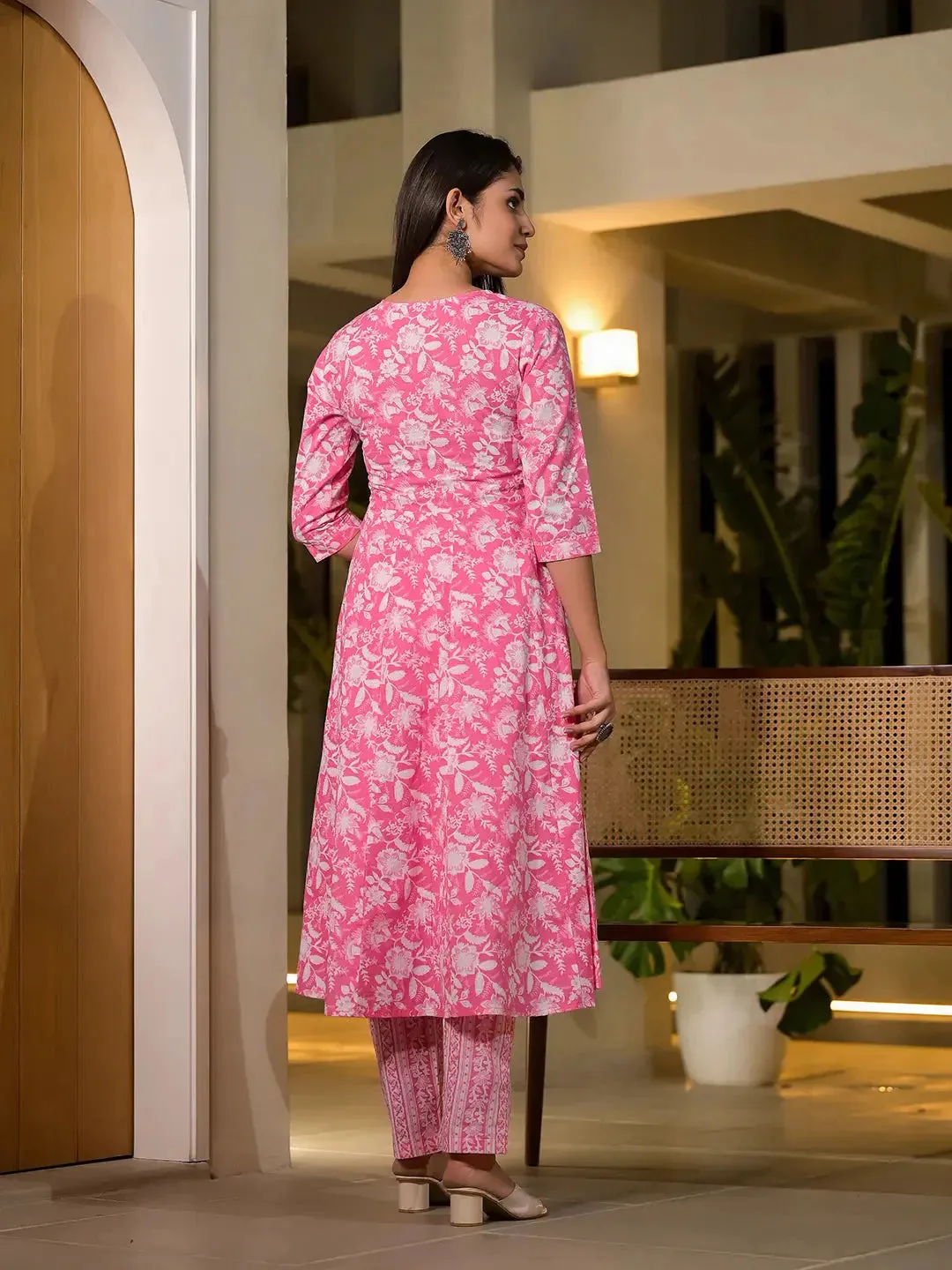 Pink Cotton Anarkali Style Sequins_Work Kurta With Trousers And Dupatta Set