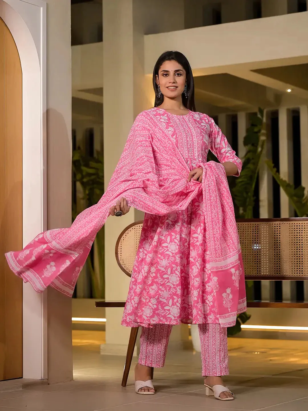 Pink Cotton Anarkali Style Sequins_Work Kurta With Trousers And Dupatta Set