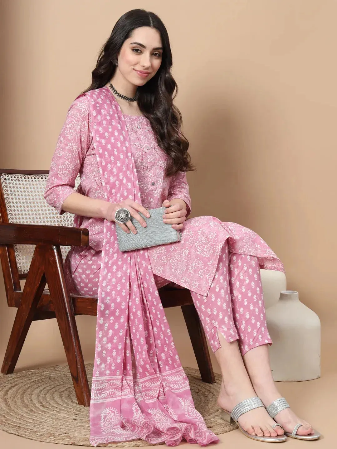 Pink Floral,Thread_Work Straight Kurta Trouser And Dupatta Set