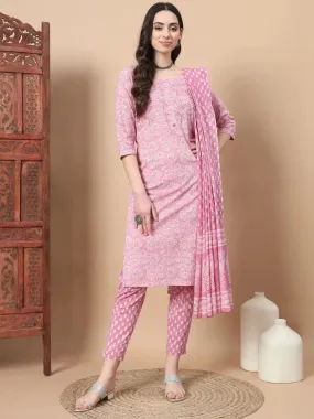 Pink Floral,Thread_Work Straight Kurta Trouser And Dupatta Set
