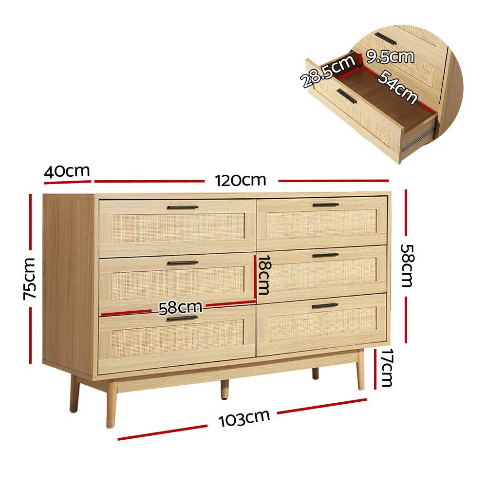 Real Rattan 6-Drawer Chest with Solid Wood Legs Artiss