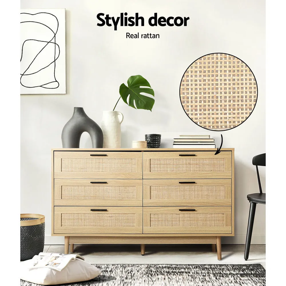Real Rattan 6-Drawer Chest with Solid Wood Legs Artiss