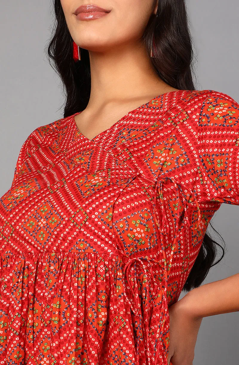 Red Cotton Bandhani Midi Dress