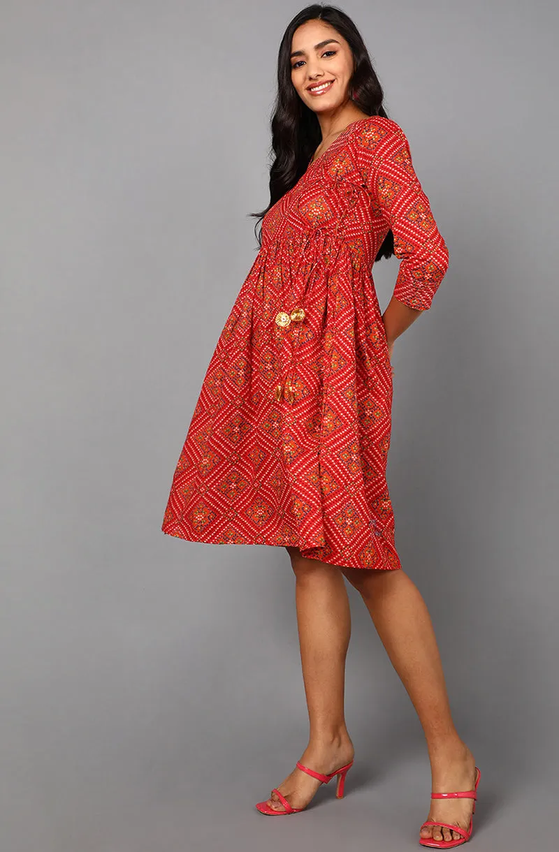 Red Cotton Bandhani Midi Dress