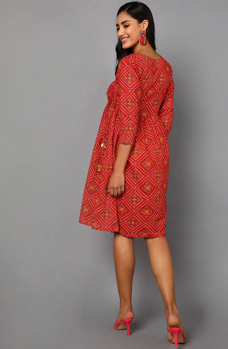 Red Cotton Bandhani Midi Dress
