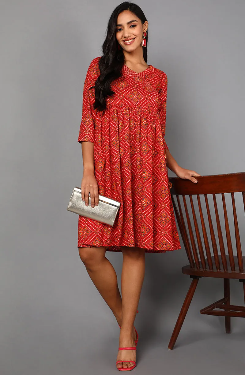 Red Cotton Bandhani Midi Dress