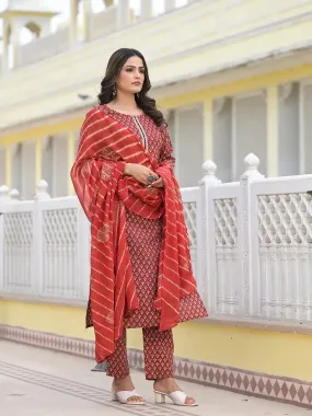Red Cutdana_Work Straight Kurta Trouser And Dupatta Set