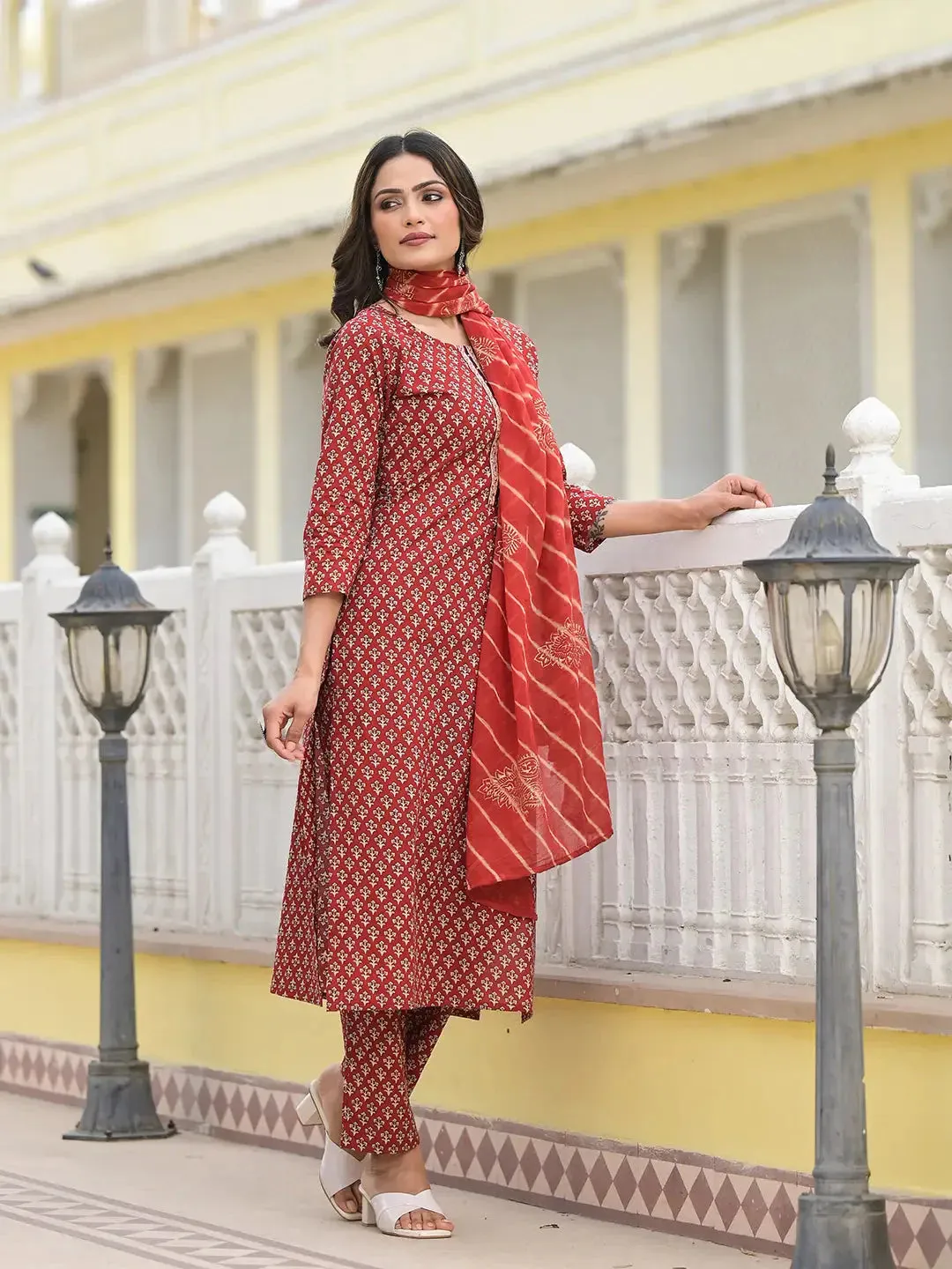 Red Cutdana_Work Straight Kurta Trouser And Dupatta Set