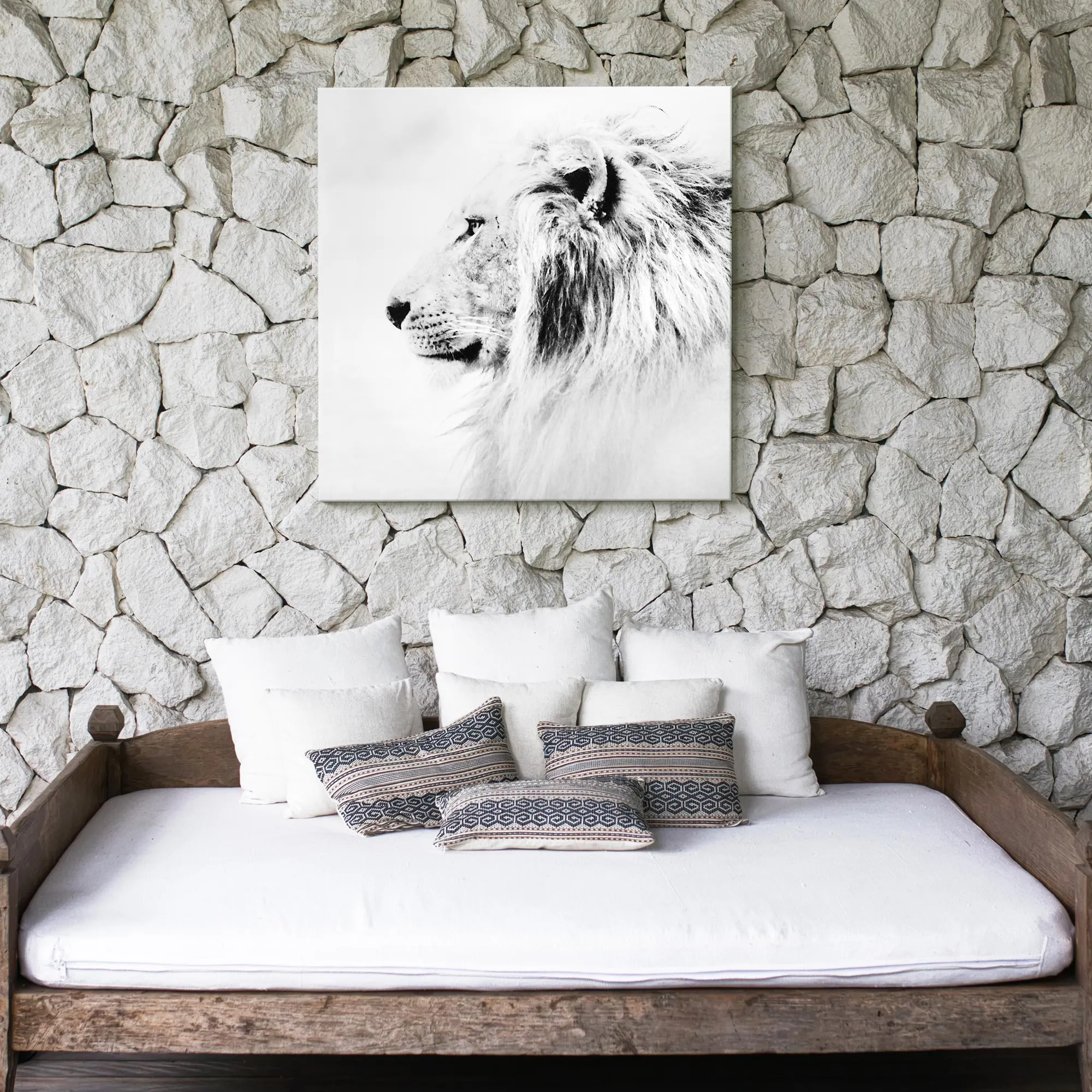 Regal Lion Black and White Glossy Canvas Wall Art Print - 30" x 30"