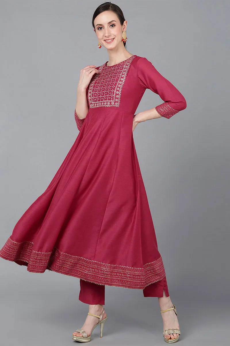 Rose Poly Silk Solid Yoke Design Kurta Trousers With Dupatta