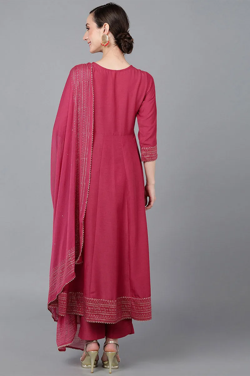 Rose Poly Silk Solid Yoke Design Kurta Trousers With Dupatta