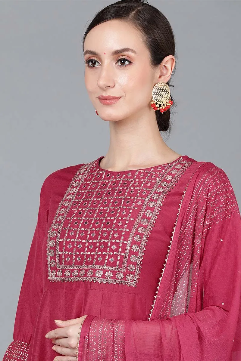 Rose Poly Silk Solid Yoke Design Kurta Trousers With Dupatta