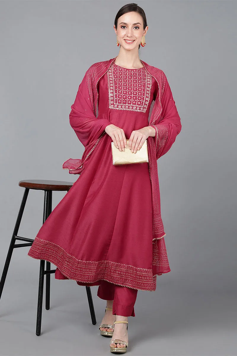 Rose Poly Silk Solid Yoke Design Kurta Trousers With Dupatta
