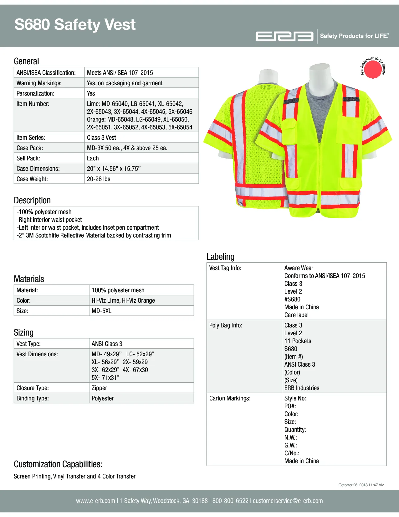 S680 Class 3 Solid Front/Mesh Back Surveyor's Safety Vest 1PC