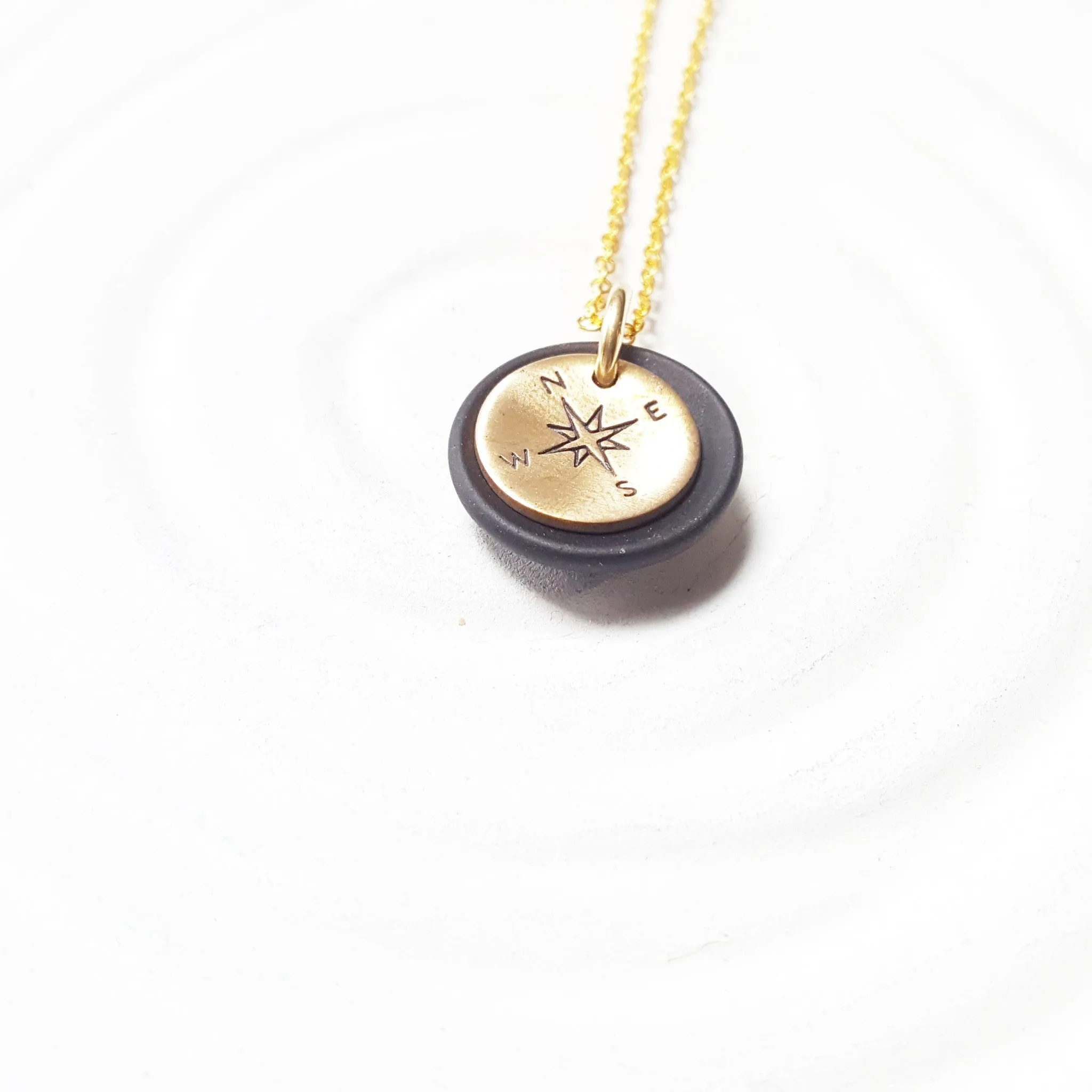 Sea Glass Compass Necklace | Gold Compass Charm