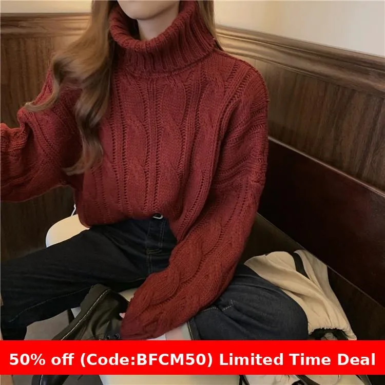 Wenkouban carhartt vest outfit winter outfits Black Friday chill guy Autumn New Korean Style Lazy Style Solid Color Loose Thick Short Turtleneck Sweater Women's Thickened Knitted Top